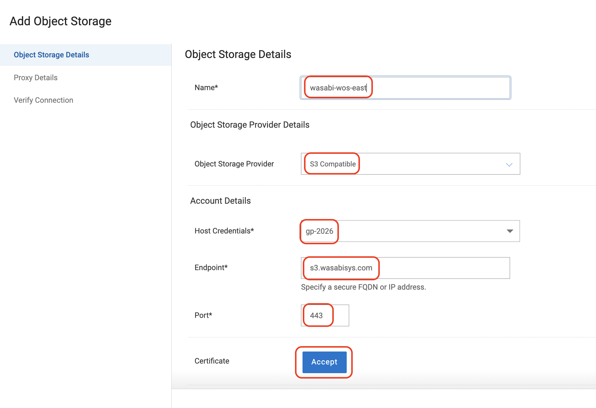 Form for adding object storage with fields for name, provider, and endpoint details.